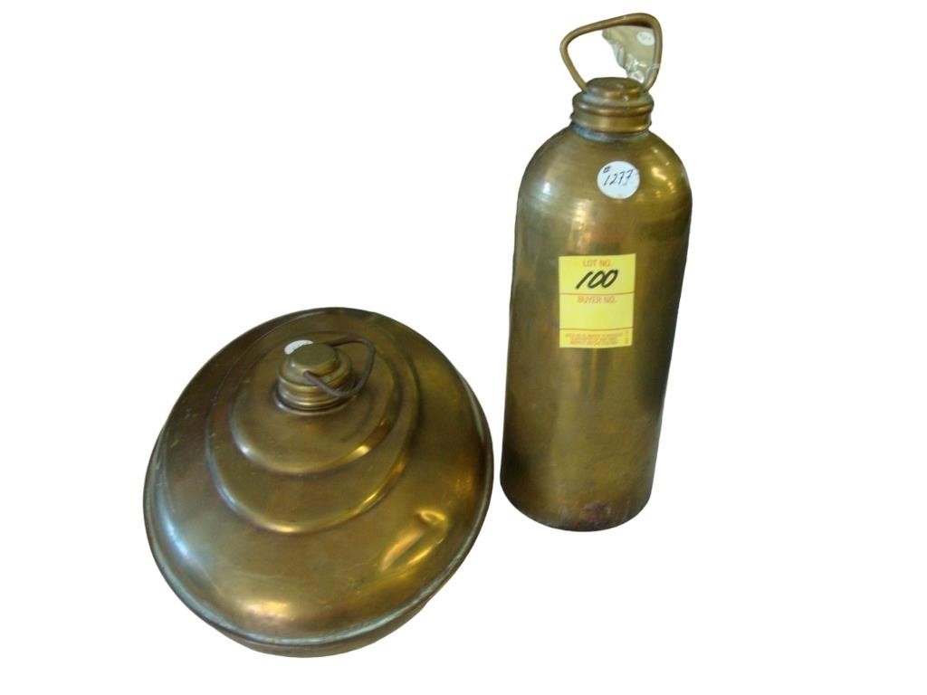 Two old, brass, bed warmers