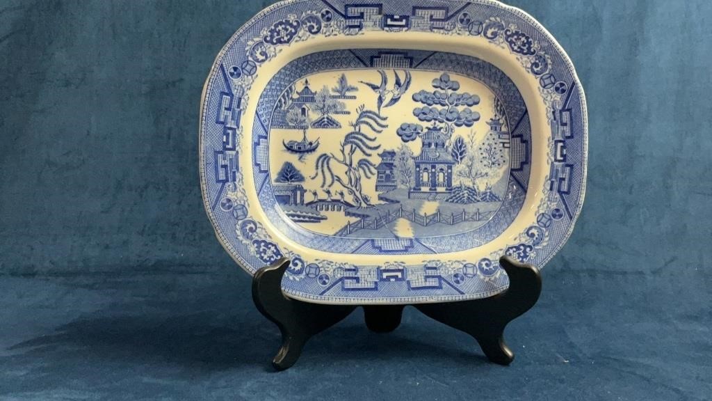 Antique blue and white ironstone willow pattern