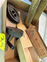 Flat of Vintage Cheese Boxes & Flat Irons