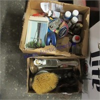 2 boxes--combs, brushes, postcards, misc.