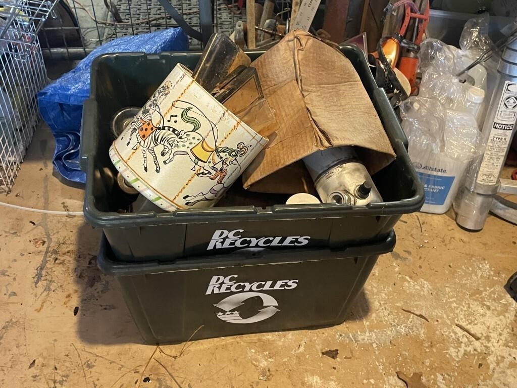 2 recycle totes filled with paints and spray cans