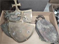 THREE BRASS PLATES AND WOODEN PULLEY