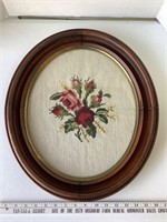 rose needlepoint in oval frame 19 x 16.5 x 2