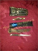 Box Lot of 2 Knives with Cases & Flashlight/Case