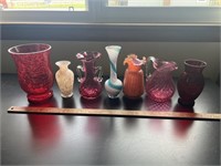 Various Cranberry and Blown Glass Vases etc.