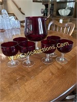 1960’s Ruby Red Glass Pitcher W/ Stirrer 7pc And G