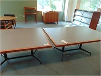 2 wooden tables with metal legs