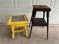 TWO SIDE TABLES - YELLOW TILED & TALL BROWN