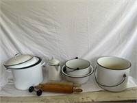 (3) Enamel Pots w/ Handles, Rolling Pins, Ceramic