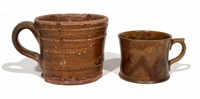 Redware cups: Thin shaped sides, lip on bottom,