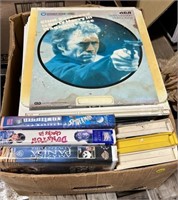 Box of VHS Movies and Video Discs.  NO SHIPPING