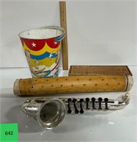 Vtg Tin Bucket,Wooden Cribbage,Musical Toy