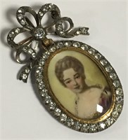 Gold Filled Miniature Portrait Pin, Clear Stones