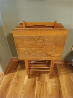 Four oak TV trays with holder
