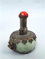 Chinese Carved Jade Snuff Bottle with Metal Mounts