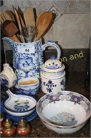 Blue & white pitcher witrh wooden utencils