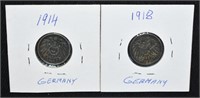 1914 & 1918 German Silver 5 Pfennig Coins