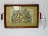 Vintage Wood & Glass Handled Tray w Fruit Print