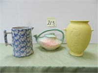 Blue & White Crock Pitcher, Weller Yellow Vase &