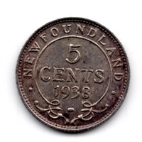 1938 Newfoundland 5 Cents Silver Coin