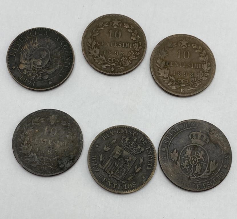 Argentina/Italy/Spain coins - 1867/68/74/91/93