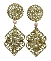 Filigree Style Pink Pearl Dangle Earrings