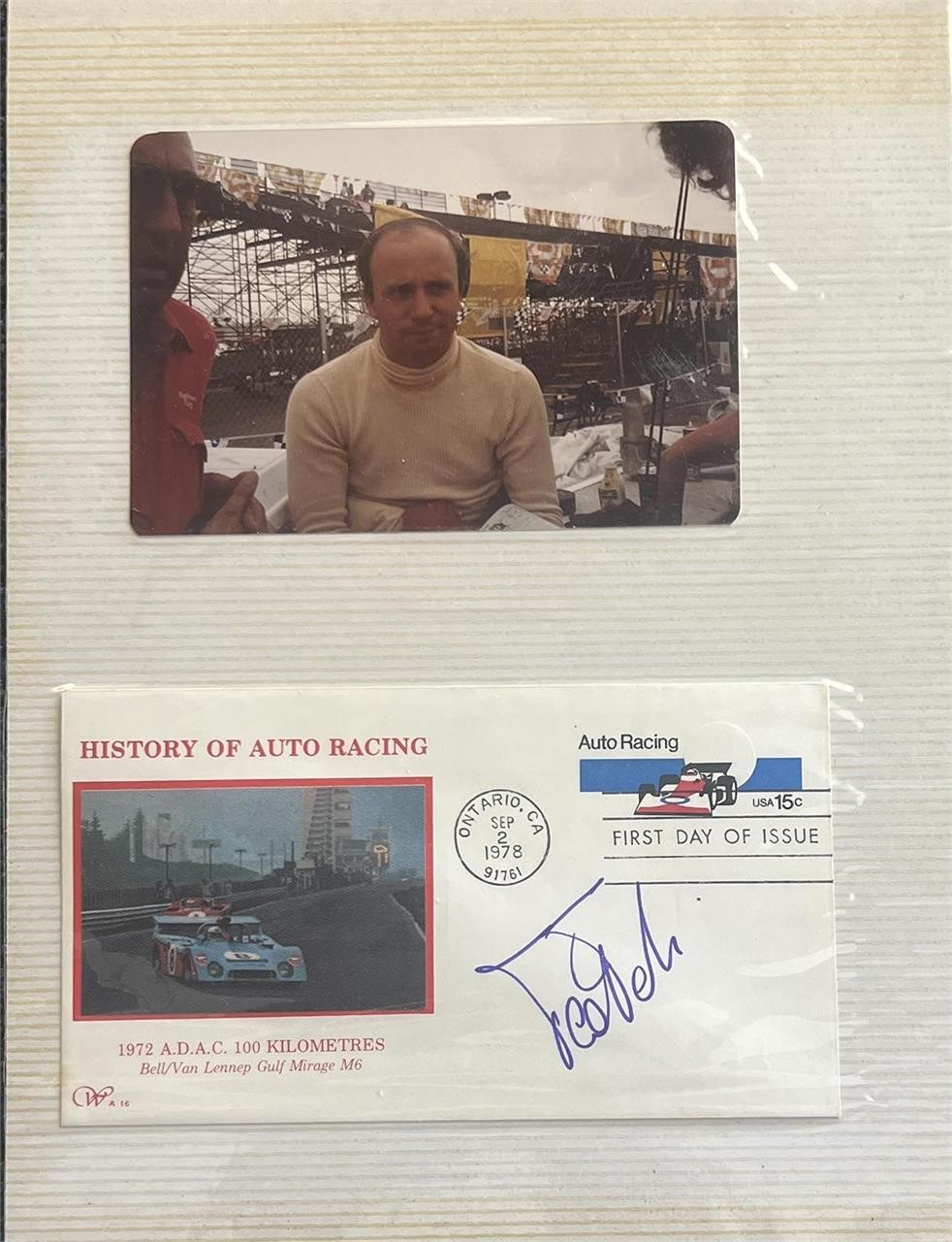 Juan Manuel Fangio photo and signed commemorative