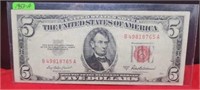 1953A $5 Dollar Red Seal Note SN B49818765 A