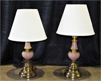 Pr Mauve/Brass Lamps Matching 2 Sizes