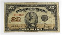 1923 CANADA 25 CENTS BANKNOTE