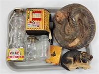 GLASS BOTTLES, TIN, CHALK SNAKE