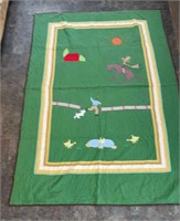 VTG handmade 52x76" green quilt w/sewn decals