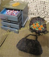 Small jewelry box w/ costume jewelry & 2 beaded