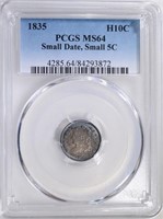 1835 HALF DIME PCGS MS-64 SMALL DATE SMALL 5c