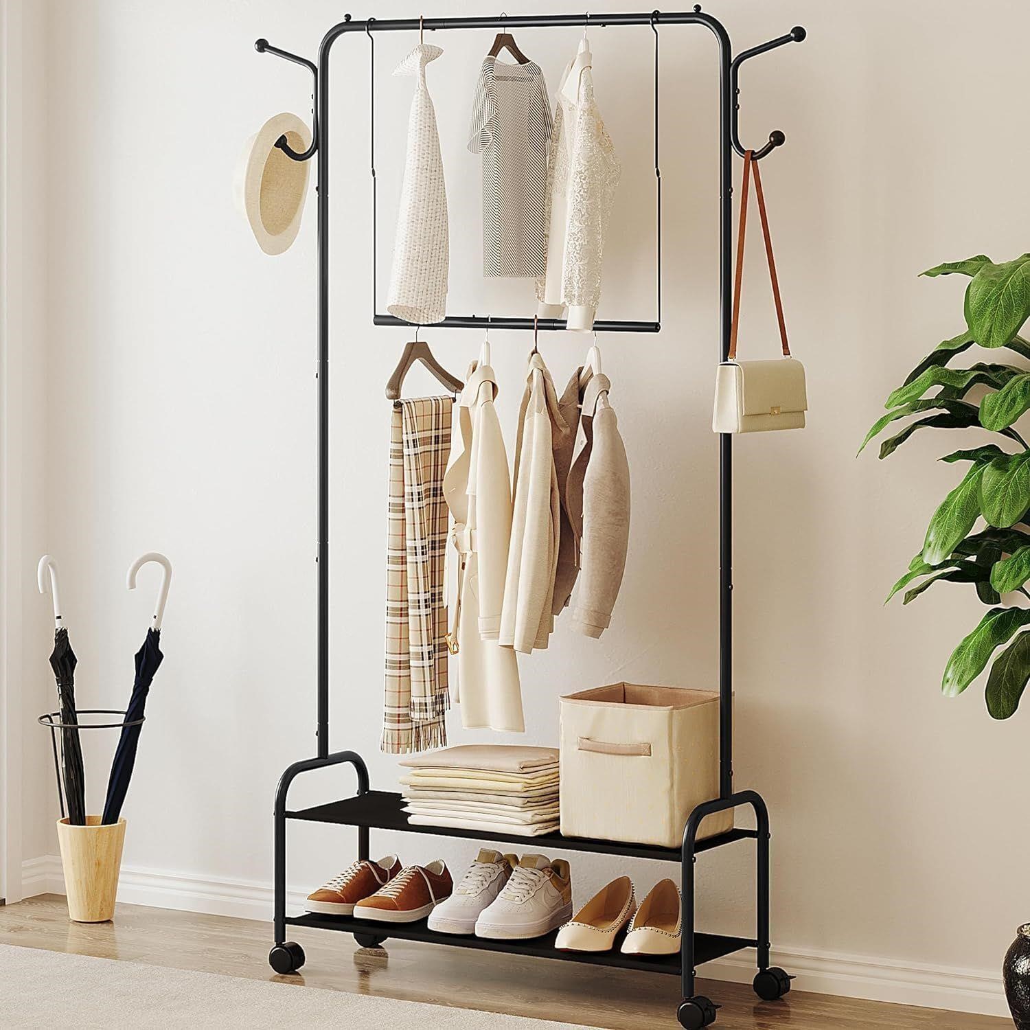 Garment Rack, 2-Tier Storage Shelf, 3-In-1 Design