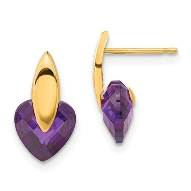 14 Kt-  Purple Crystal Heart Post Earrings