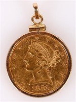 1881 P HALF EAGLE CORONET HEAD PENDANT