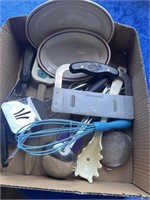 Box of utensils & 2 plates
