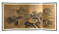 Antique Japanese 4 Panel Screen Landscape Painting
