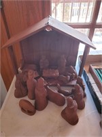 CARVED WOOD NATIVITY SCENE FROM NEPAL WITH WOOD ST