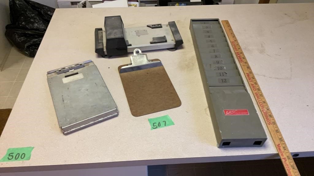 Credit card machine, time, card, rack, clipboards