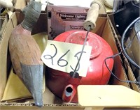 BOX LOT OF TEA KETTLE, DUCK  DECORATION AND MISC.