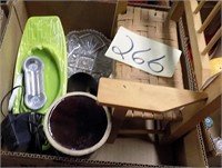 BOX LOT  OF  GLASS WARE AND  DOLL BENCH