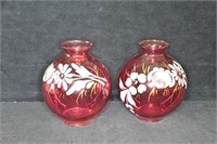 Pair of Cranberry Enamelled Vases