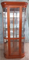NICE WOOD BOW FRONT LIGHTED CORNER CURIO CABINET