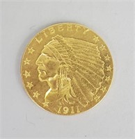 1911 Fine Gold Indian Head 2 1/2 Dollar Coin.