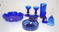 Group blue glass decorative pieces