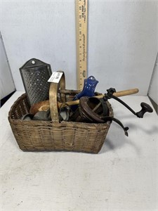 Primitive Basket With Kitchen Accessories Includin