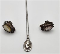 Sterling & Pearl Shell Cameo Necklace w/ earrings