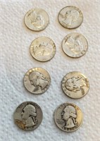 8 Washington quarters, all silver, dates 1947,
